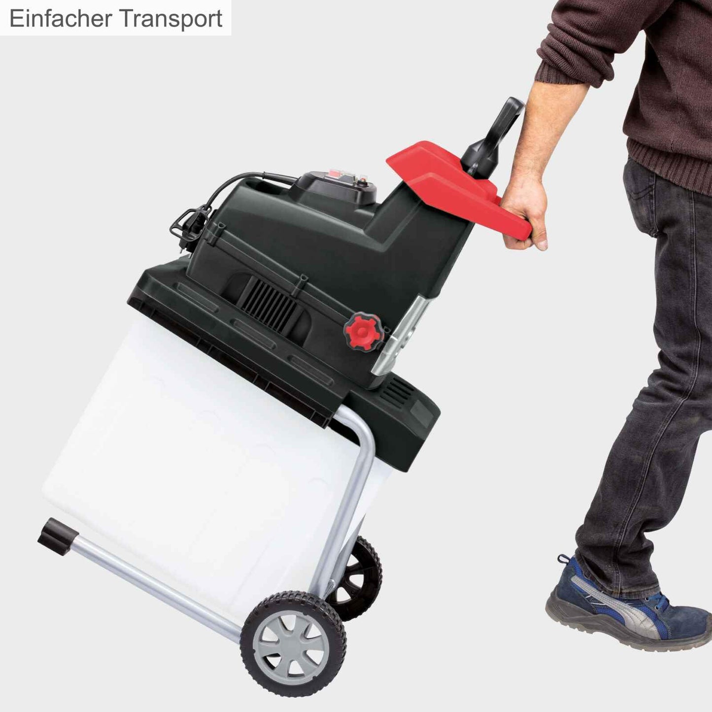 Scheppach GS60 Elektro Gartenhäcksler + Fahrvorrichtung - 2in1 Leisehäcksler | 2800W Leistung | Schnittstärke 45mm | 60L Fangbox | Selbsteinzug & Rücklauf | mit Nachstopfer, Handschuhe & Gartenschere