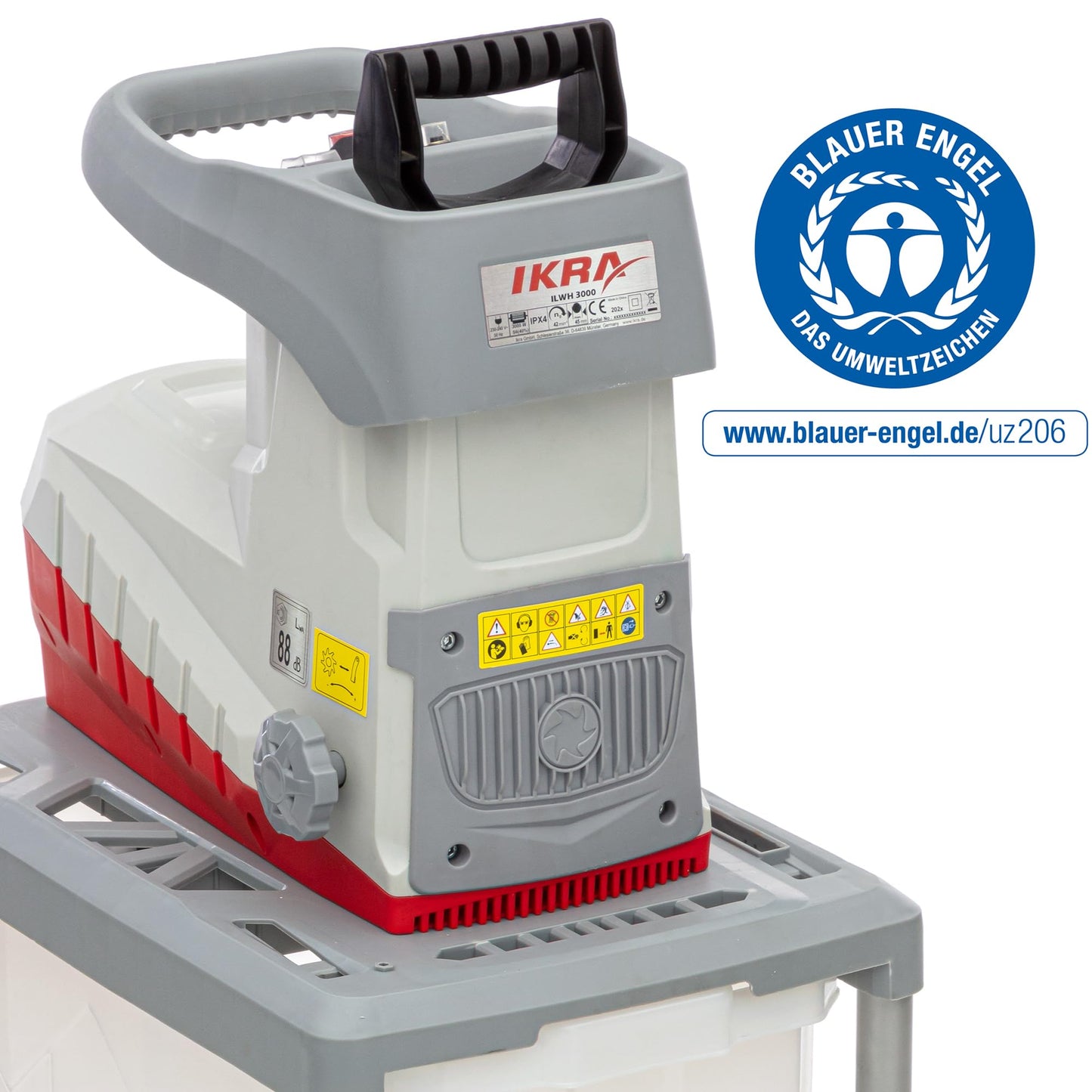 IKRA Elektro Gartenhäcksler ILWH 3000, leise robust wartungsarm, starke 3.000W, Aststärke bis 45mm, Blauer Engel
