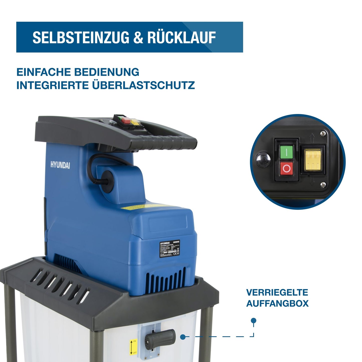 HYUNDAI Elektro-Gartenhäcksler GH28045E | 2.800W, max. 45 mm Aststärke | 60L Box | Selbsteinzug und Rücklauf | Leiser Walzenhäcksler