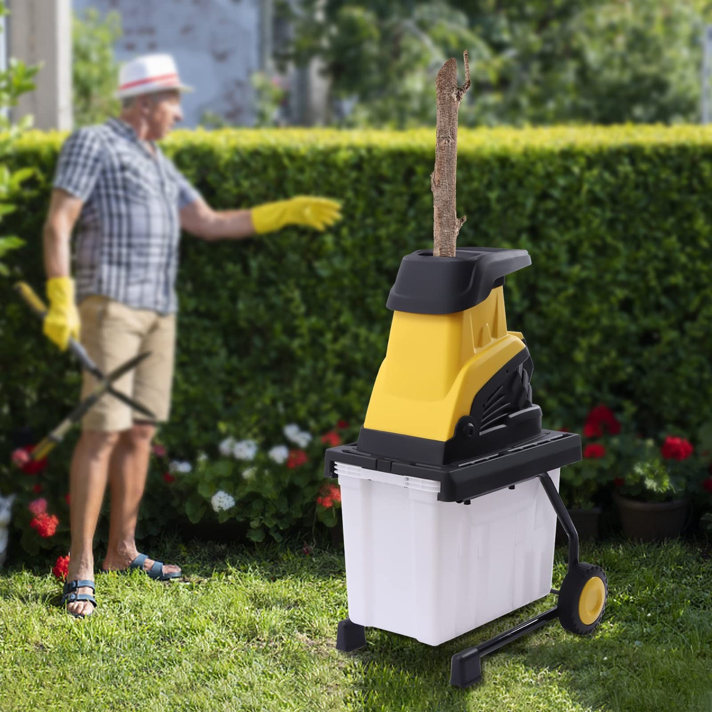 45L Elektro Gartenhäcksler Häcksler Walzenhäcksler Messerhäcksler Astbrecher 2500W Reiner Kupfermotor mit Handschuhe Schutzbrille 45mm Schneiddurchmesser 45L Aufbewahrungsbox
