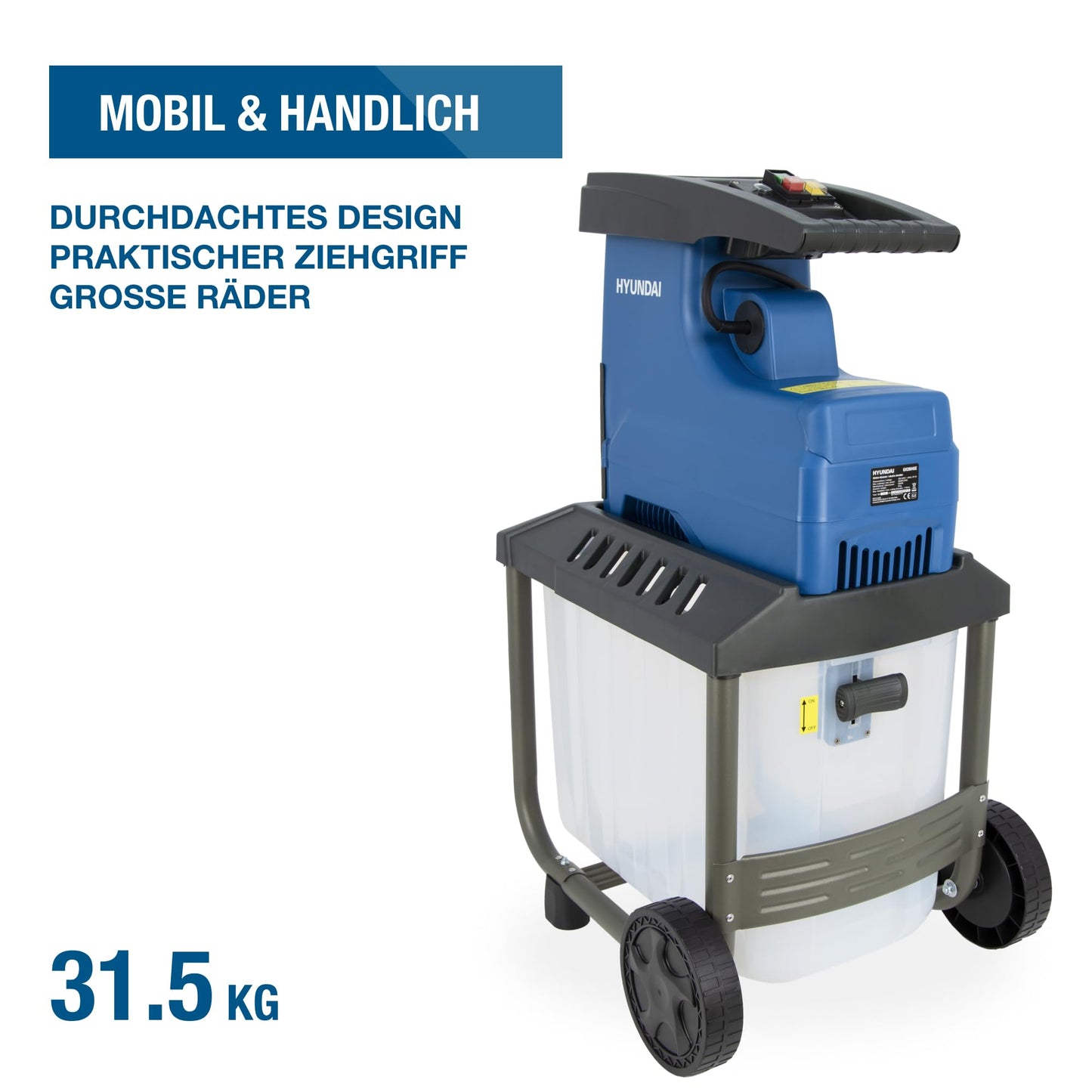 HYUNDAI Elektro-Gartenhäcksler GH28045E | 2.800W, max. 45 mm Aststärke | 60L Box | Selbsteinzug und Rücklauf | Leiser Walzenhäcksler