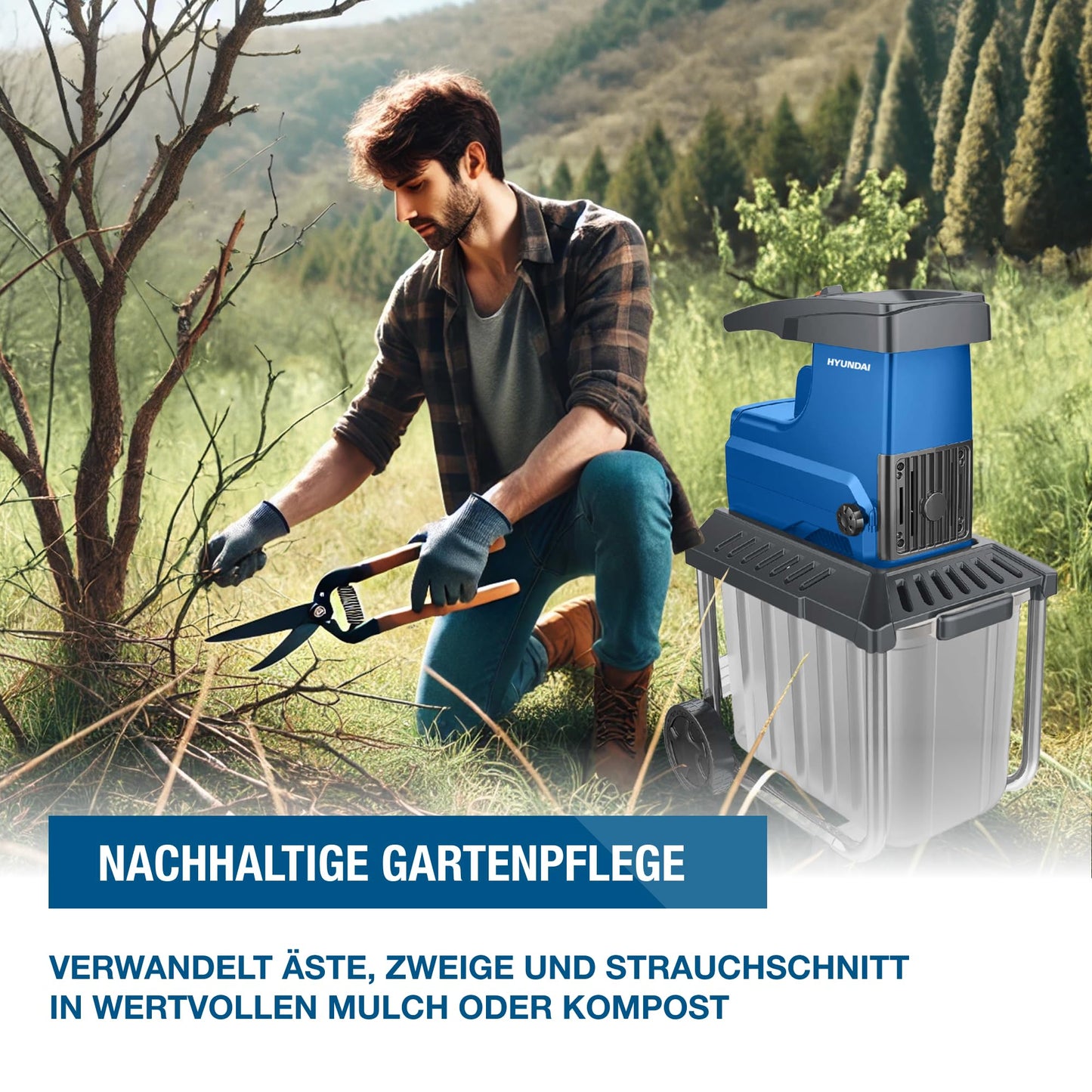 HYUNDAI Elektro-Gartenhäcksler GH28045E | 2.800W, max. 45 mm Aststärke | 60L Box | Selbsteinzug und Rücklauf | Leiser Walzenhäcksler