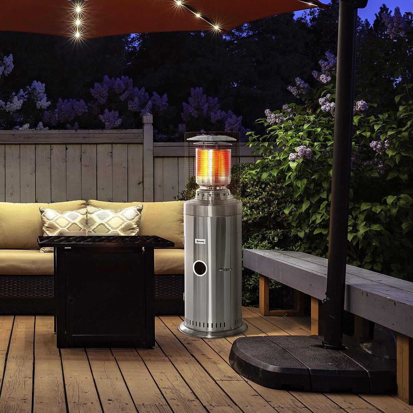 Outsunny Heizstrahler Terrassenheizer mit Handgriff und Rädern Terrassenstrahler mit Drehknopf rollbar Gas 10KW elegantes Aussehen rostfreier Stahl Silber Ø55,6 x 143 cm