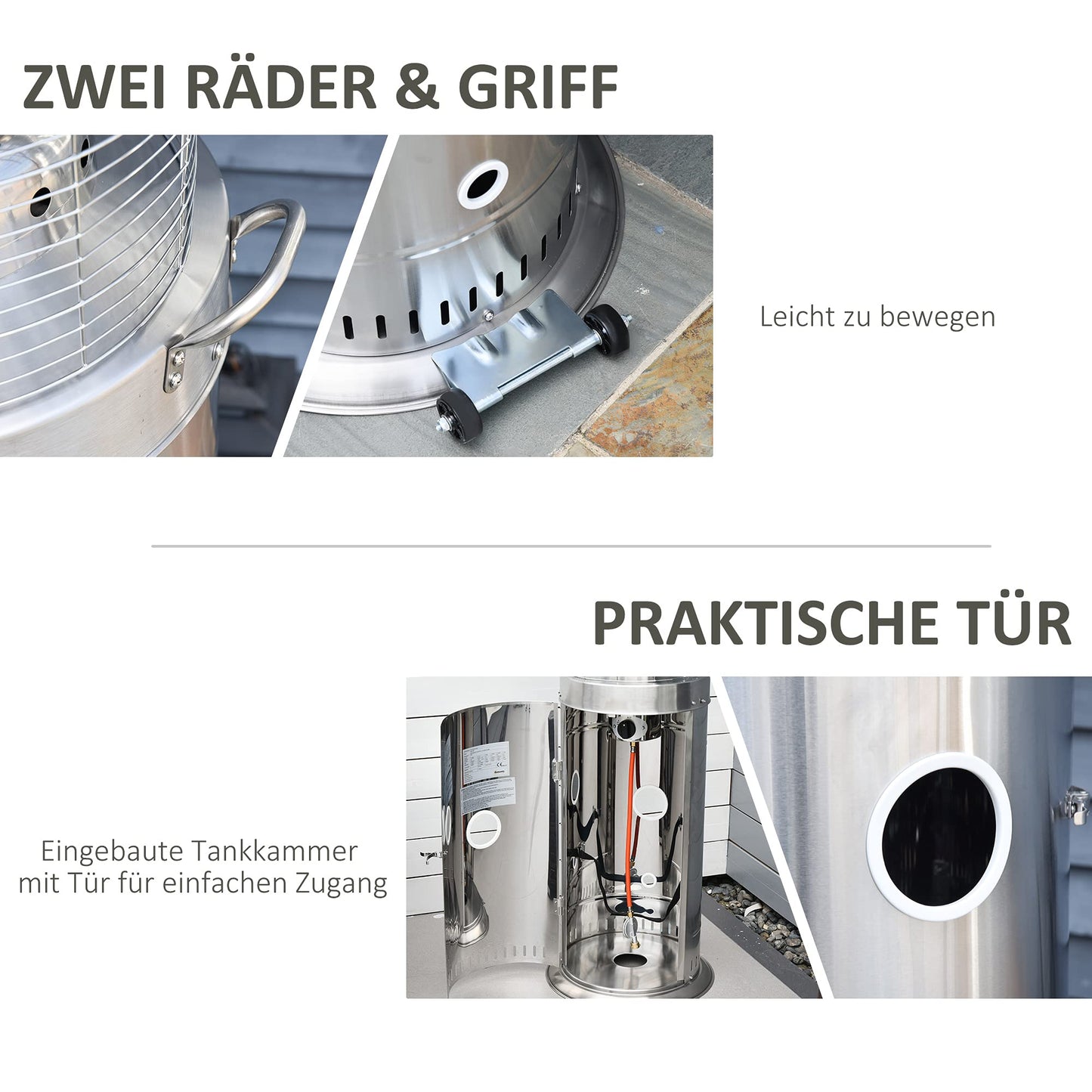 Outsunny Heizstrahler Terrassenheizer mit Handgriff und Rädern Terrassenstrahler mit Drehknopf rollbar Gas 10KW elegantes Aussehen rostfreier Stahl Silber Ø55,6 x 143 cm