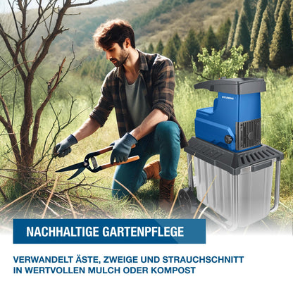 HYUNDAI Elektro-Gartenhäcksler GH28045E | 2.800W, max. 45 mm Aststärke | 60L Box | Selbsteinzug und Rücklauf | Leiser Walzenhäcksler