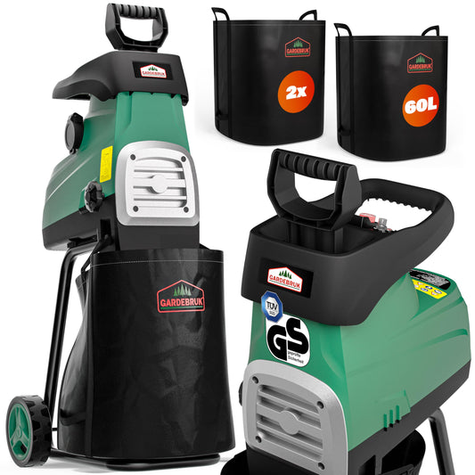 Gardebruk® Leisehäcksler 3100 W max. 44 mm Aststärke Elektrisch 2 x 60 L Auffangbeutel Gartenhäcksler Walzenhäcksler Schredder Häcksler